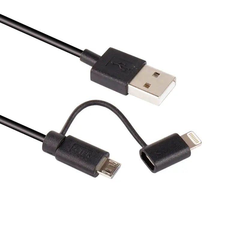 1m MFI 2 in 1 8 pin + Micro USB 2.0 Male to USB Data Sync Charging Cable - Black