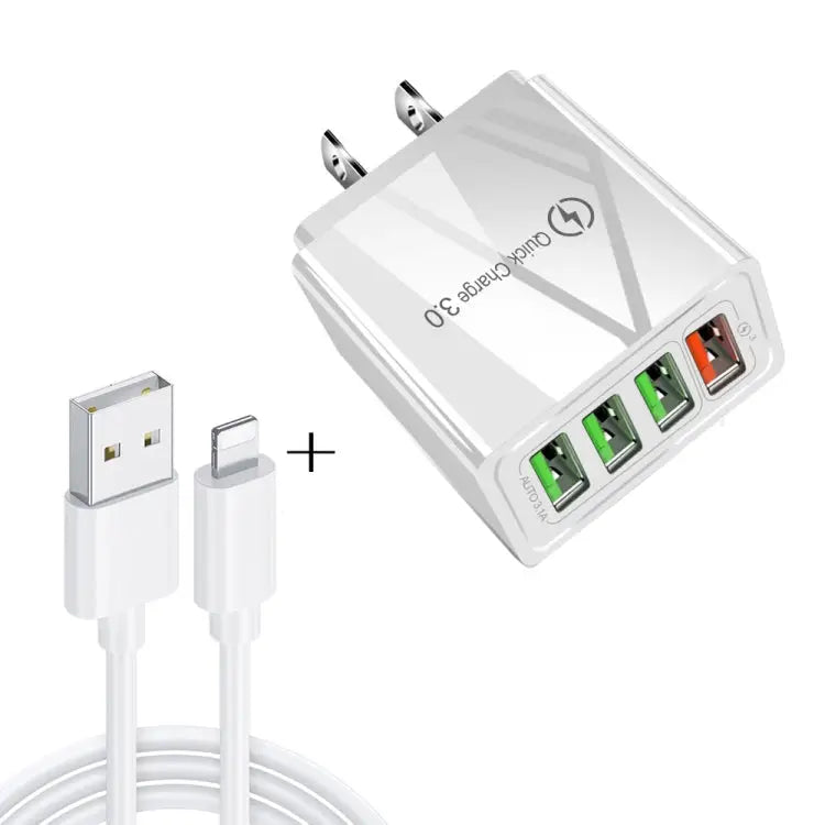 2 in 1 1m USB to 8 Pin Data Cable + 30W QC 3.0 4 USB Interfaces Mobile Phone Tablet PC Universal Quick Charger Travel