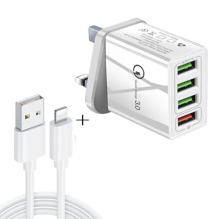 2 in 1 1m USB to 8 Pin Data Cable + 30W QC 3.0 4 USB Interfaces Mobile Phone Tablet PC Universal Quick Charger Travel