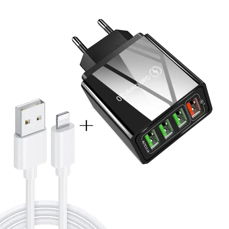 2 in 1 1m USB to 8 Pin Data Cable + 30W QC 3.0 4 USB Interfaces Mobile Phone Tablet PC Universal Quick Charger Travel