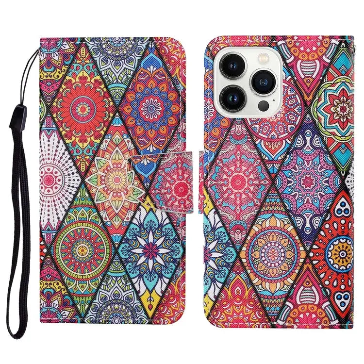 3D Colored Drawing Flip Leather Phone Case For iPhone 16 Pro - For iPhone 16 Pro / Rhombus Totem - Apple Accessories