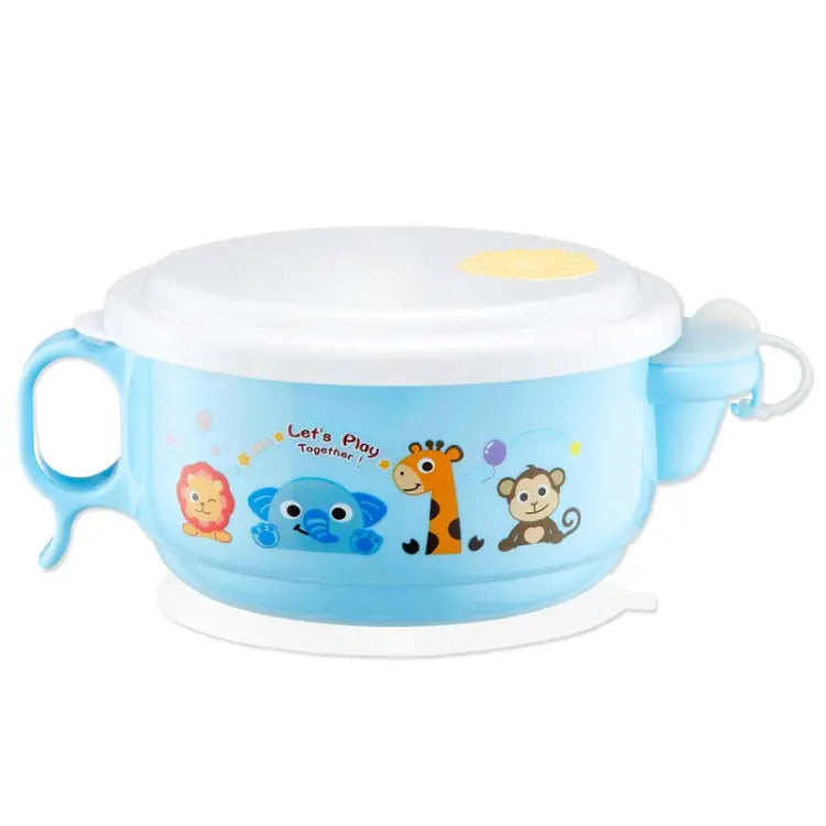 450ml Stainless Steel Interior And Plastic Exterior Double Layer Cartoon Style Bowl With Cover And Handles for Child
