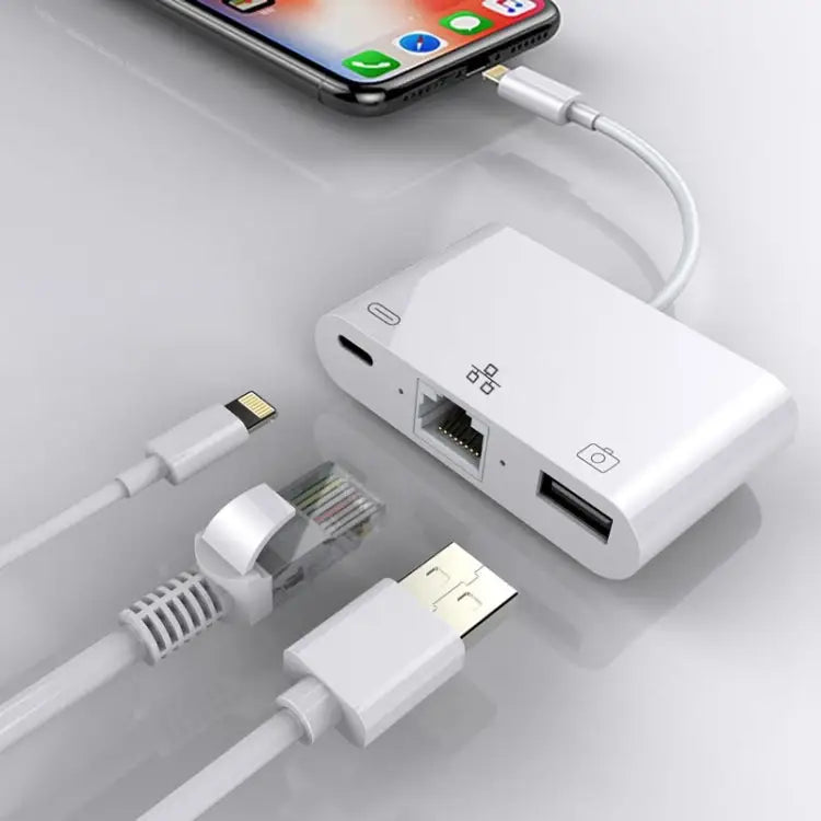 8 Pin to RJ45 1000Mbps Network Adapter + Charging Port + Camera USB Read Multi-function Converter - 1000Mbps