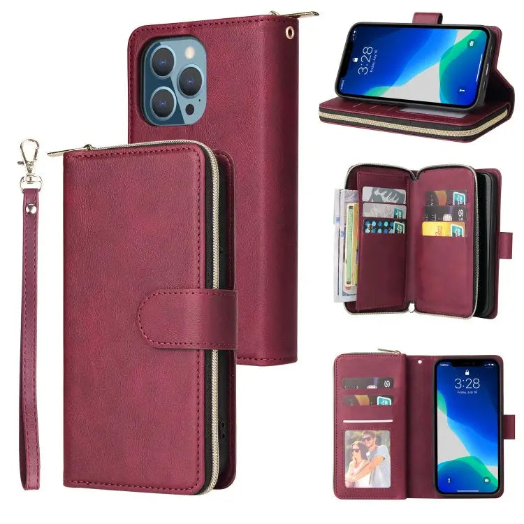 9 Card Slots Zipper Wallet Bag Leather Phone Case For iPhone 13 mini For iPhone 13 For iPhone 13 Pro For iPhone 13 Pro