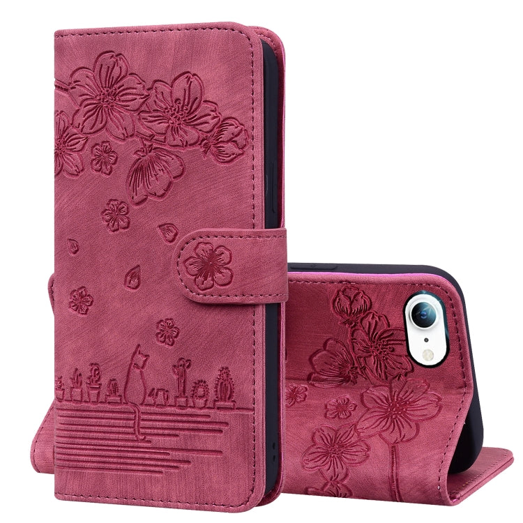Cartoon Sakura Cat Embossed Leather Case, For iPhone X / XS, For iPhone XR, For iPhone XS Max, For iPhone SE 2022 / SE 2020 / 7 / 8