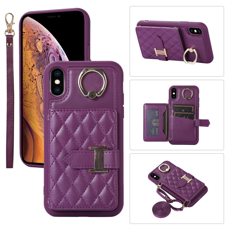 Horizontal Card Bag Ring Holder Phone Case with Dual Lanyard, For iPhone XS Max