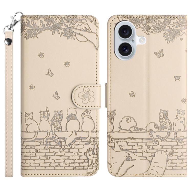 Cat Embossing Pattern Leather Phone Case with Lanyard