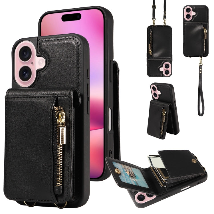 Crossbody Lanyard Zipper Wallet Leather Phone Case, For iPhone 16 Pro Max, For iPhone 16 Pro, For iPhone 16 Plus, For iPhone 16