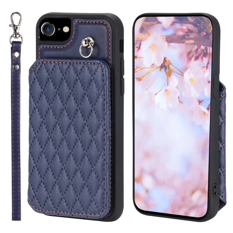 Grid Texture Card Bag Phone Case with Lanyard, For iPhone 14, For iPhone 14 Pro, For iPhone 14 Pro Max, For iPhone SE 2022 / 2020 / 8 / 7