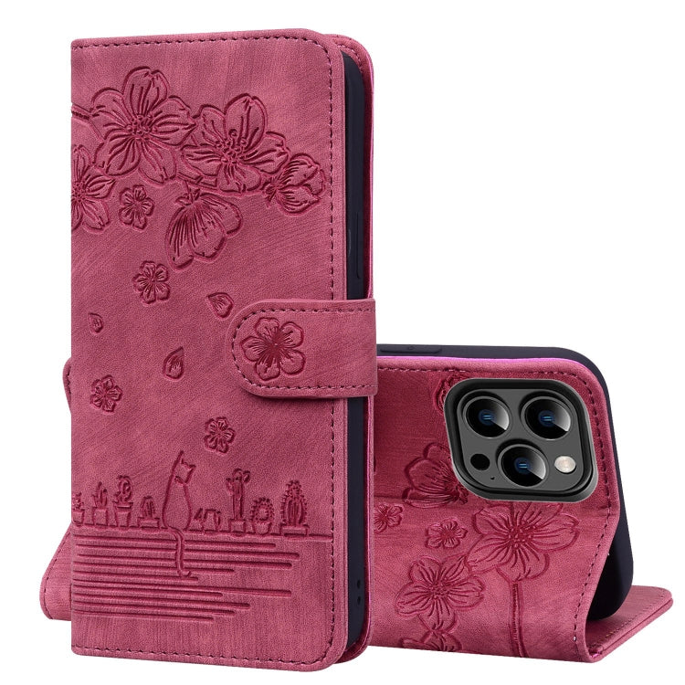 Cartoon Sakura Cat Embossed Leather Phone Case, For iPhone 15, For iPhone 14 Plus, For iPhone 14, For iPhone 14 Pro