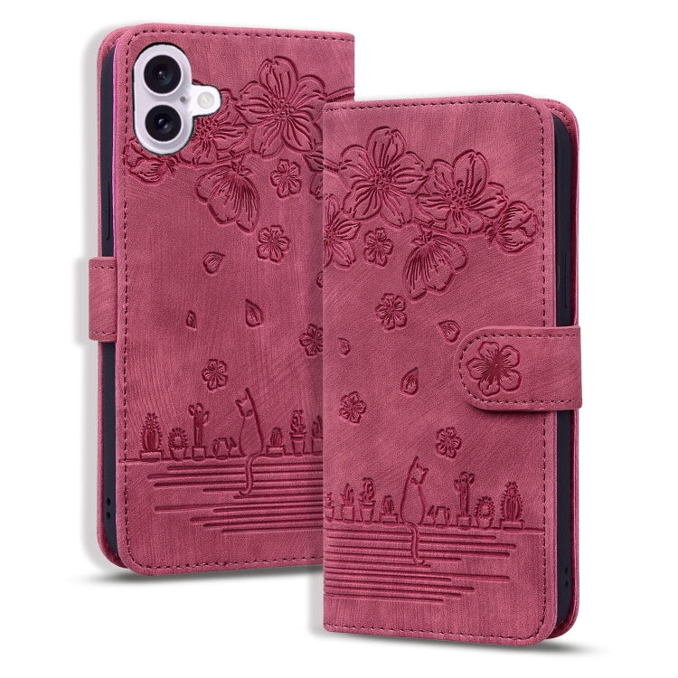 Cartoon Sakura Cat Embossed Leather Phone Case, For iPhone Air, For iPhone 16 Pro Max, For iPhone 16 Pro, For iPhone 16 Plus