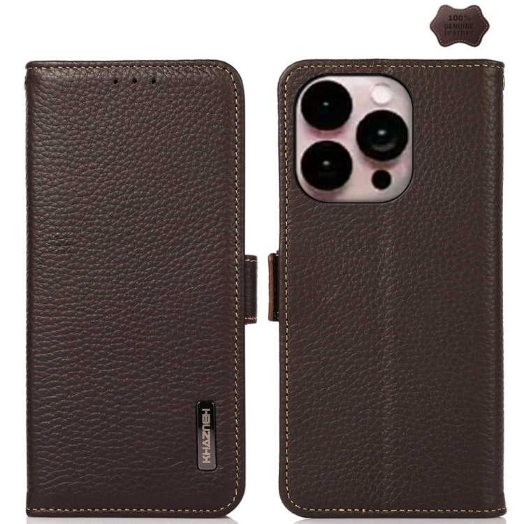 KHAZNEH Side-Magnetic Litchi Genuine Leather RFID Case, For iPhone 17 Pro Max, For iPhone 17 Pro, For iPhone 17, For iPhone Air, For iPhone 16e, For iPhone 16 Pro Max