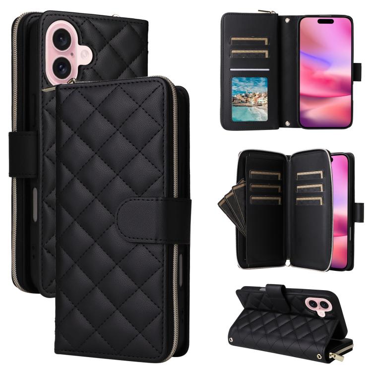 Crossbody Rhombic Zipper Tower Buckle Leather Phone Case with Lanyard, For iPhone 17e / 16e, For iPhone 17 Pro Max, For iPhone 17 Pro, For iPhone 17