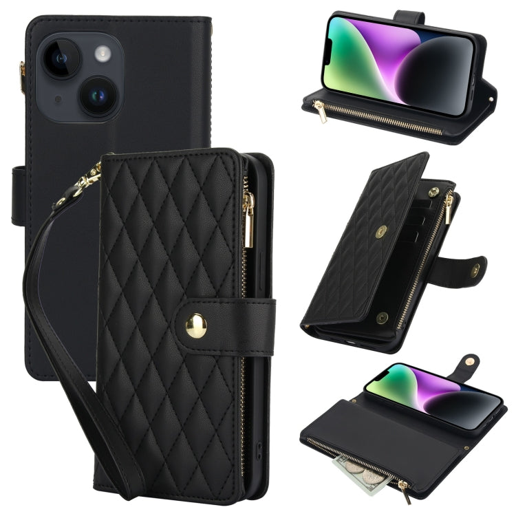 YM016 Rhombic Zipper Card Wallet Leather Phone Case with Lanyard, For iPhone 13 Pro Max, For iPhone 13 Pro, For iPhone 13