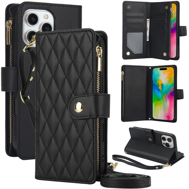 YM016 Rhombic Zipper Card Wallet Leather Phone Case with Lanyard, For iPhone 16 Plus, For iPhone 16, For iPhone 15 Pro Max