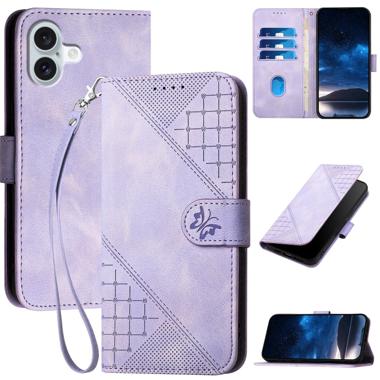 YX0080 Grid Butterfly Embossed Pattern Flip Leather Phone Case with Lanyard, For iPhone Air, For iPhone 16 Pro Max, For iPhone 16 Pro, For iPhone 16 Plus