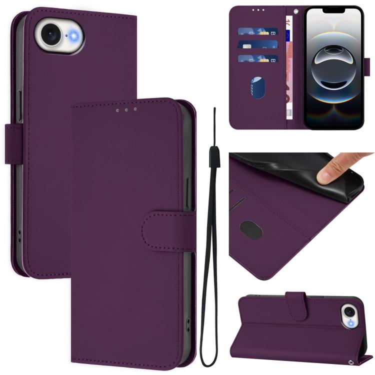 Skin Feel Solid Color Leather Phone Case with Lanyard, For iPhone 16 Pro Max