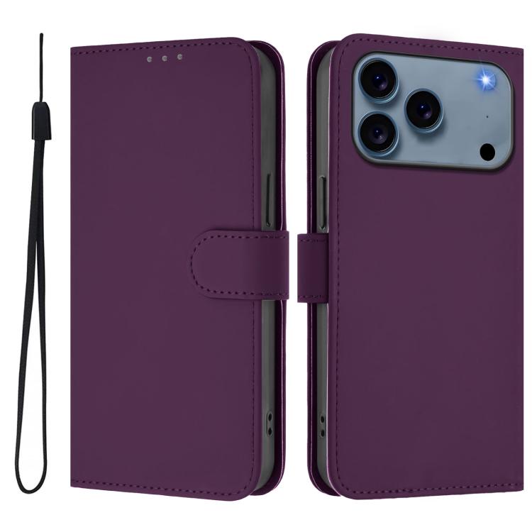 Skin Feel Solid Color Leather Phone Case with Lanyard, For iPhone 16 Pro