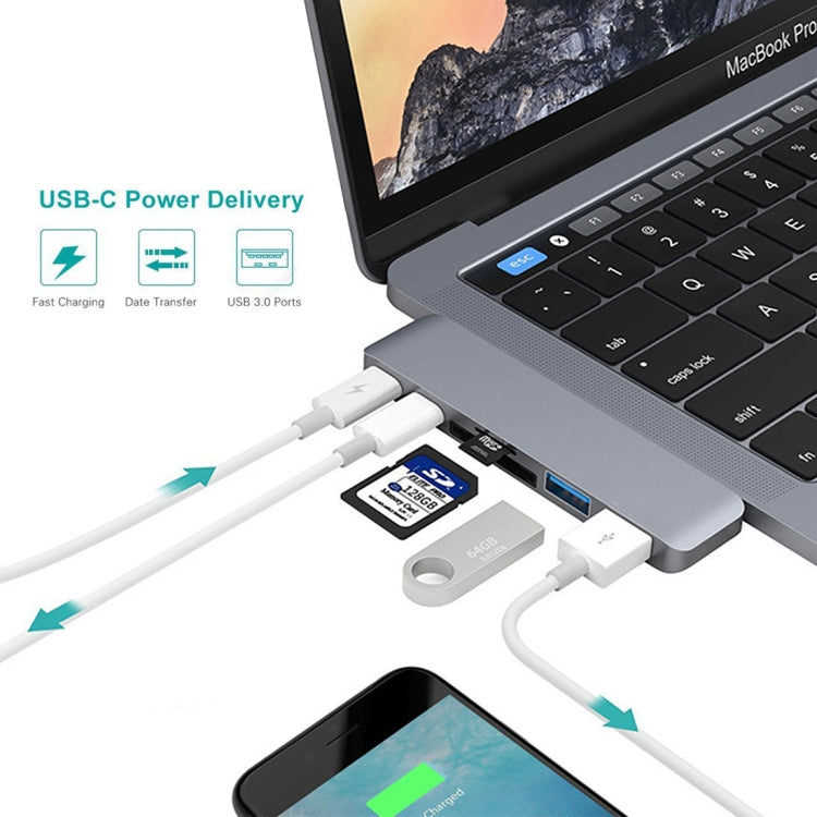 6 in 1 Multi-function Aluminium Alloy 5Gbps Transfer Rate Dual USB-C / Type-C HUB Adapter with 2 USB 3.0 Ports & 2 USB-C / Type-C Ports & SD Card Slot & TF Card Slot for Macbook 2015 / 2016 / 2017, 6 in 1 Silver, 6 in 1 Grey