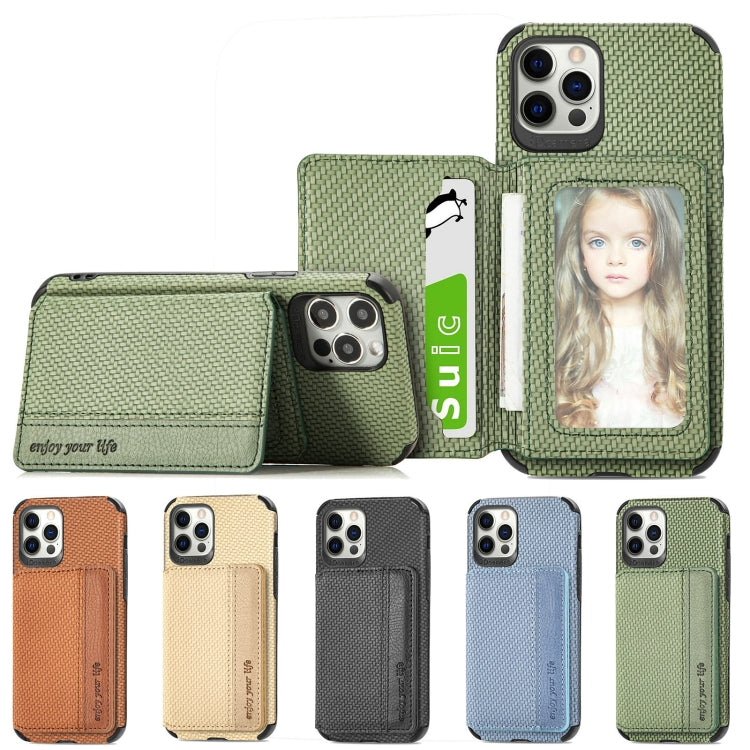 Carbon Fiber Magnetic Card Bag TPU+PU Shockproof Back Cover Case with Holder & Card Slot & Photo Frame, For iPhone 11 Pro, For iPhone 11 Pro Max