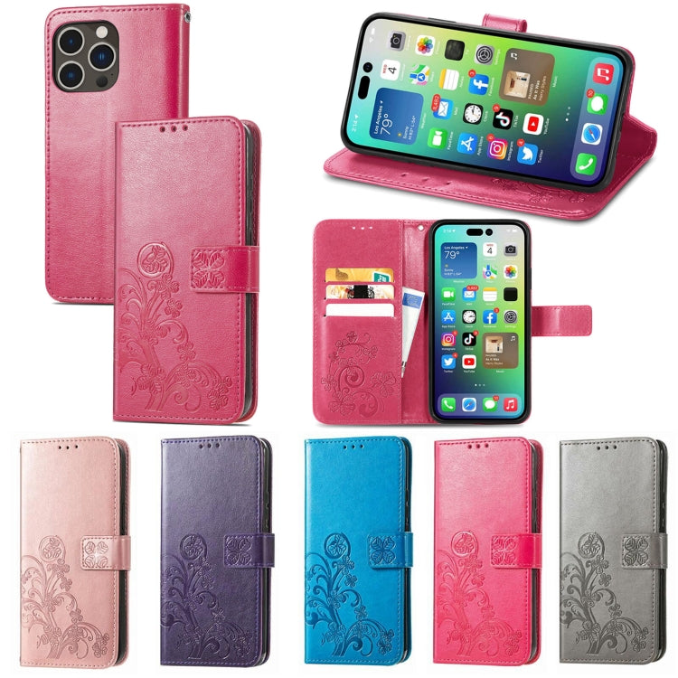 Four-leaf Clasp Embossed Buckle Leather Phone Case, For iPhone 15
