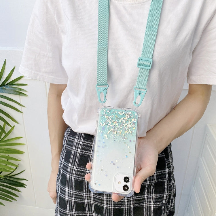 Gradient Glitter Epoxy TPU Thickened Acrylic Phone Case with Wide Lanyard, For iPhone 15 Pro Max, For iPhone 15 Pro, For iPhone 15 Plus, For iPhone 15