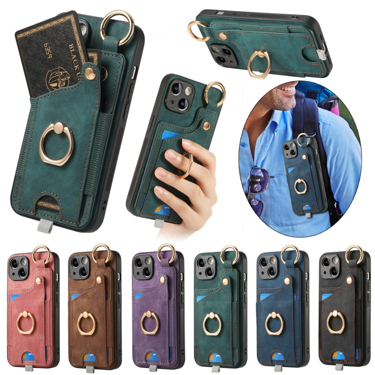 Retro Skin-feel Ring Card Bag Phone Case with Hang Loop, For iPhone 16, For iPhone 15 Pro Max, For iPhone 15 Pro, For iPhone 15 Plus