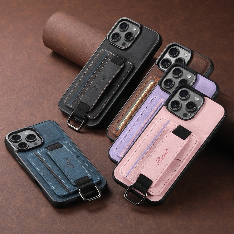 Suteni H13 Litchi Leather Wrist Strap Wallet Back Phone Case, For iPhone 16e, For iPhone 16 Pro Max, For iPhone 16 Pro, For iPhone 16 Plus
