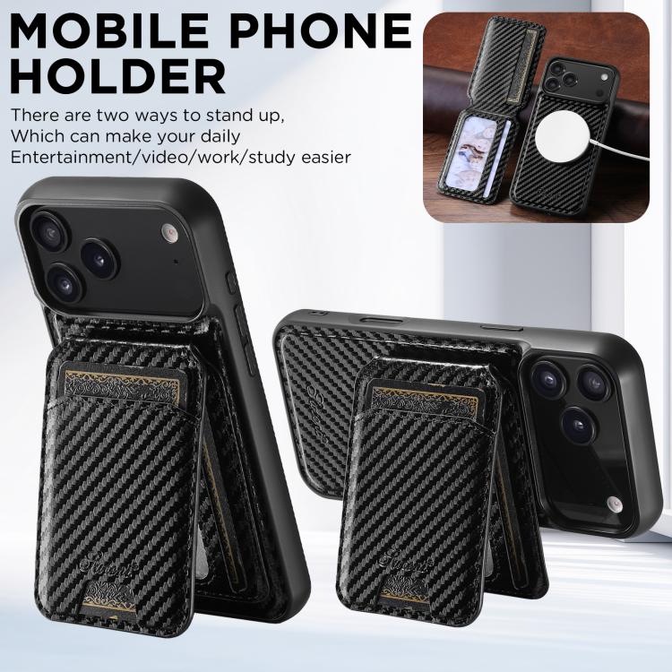 Suteni TXWH18 Carbon Fiber Texture Detachable Wallet MagSafe Phone Case, For iPhone 12 Pro