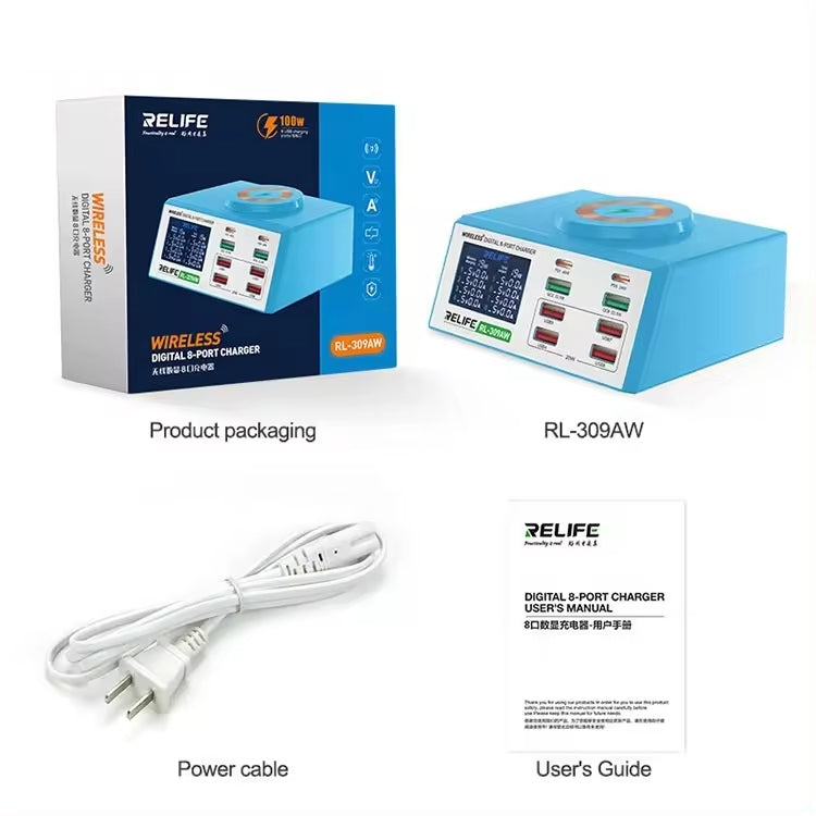 RELIFE RL-309AW QC3.0 PD Fast Wireless Charger With LCD Display 8 Ports, RL-309AW US Plug, RL-309AW EU Plug