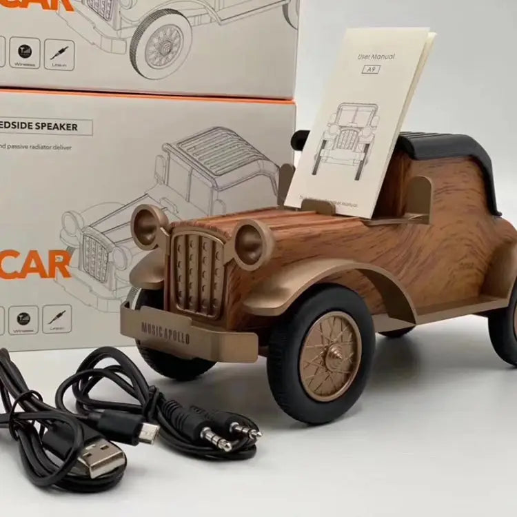 A9 Retro Wood Grain Classic Car Shape Wireless Bluetooth Speaker Subwoofer Radio Portable Mobile Phone Stand Mini