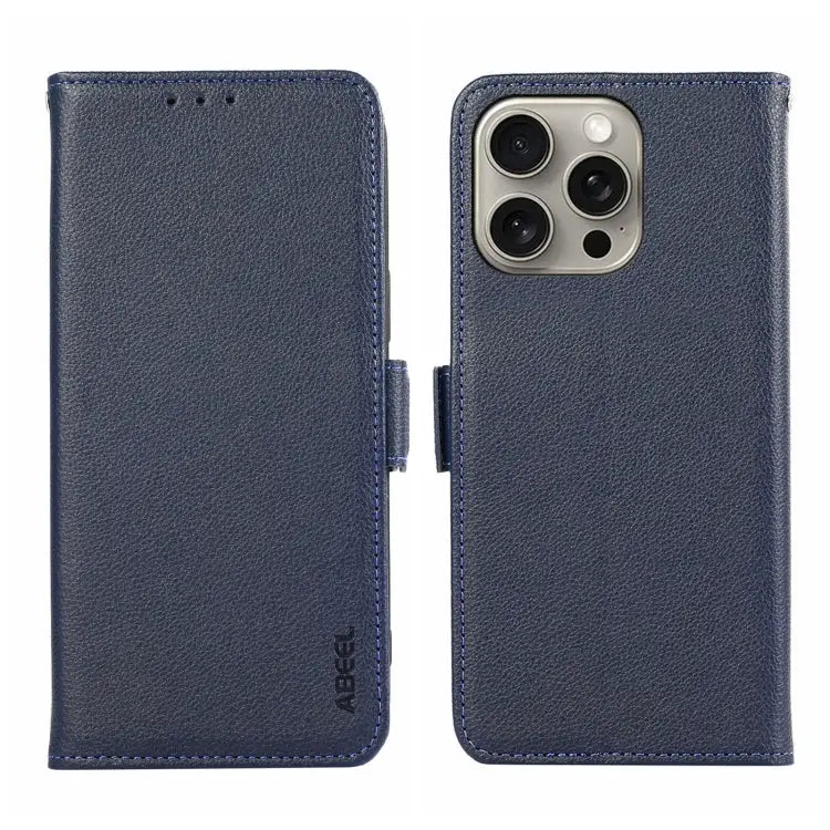 ABEEL Side-Magnetic Litchi Pattern Leather RFID Phone Case - For iPhone 13 Pro Max / Blue