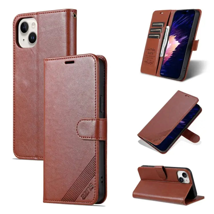AZNS Sheepskin Texture Flip Leather Phone Case - For iPhone 15 / Brown - Apple Accessories
