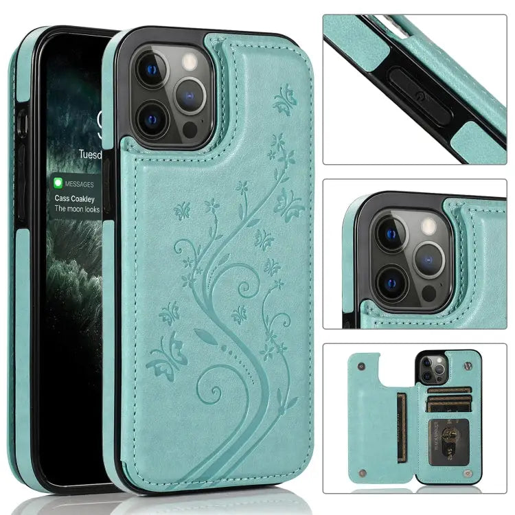 Butterflies Flowers Double Buckle PU + TPU Protective Case with Holder & Card Slots & Photo Frame For iPhone 12 Pro Max
