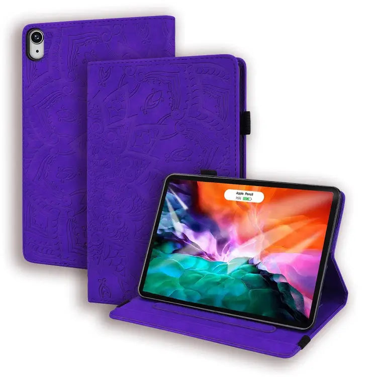Calf Pattern Double Folding Design Embossed Leather Case with Holder & Card Slots & Pen Slot & Elastic Band For iPad
