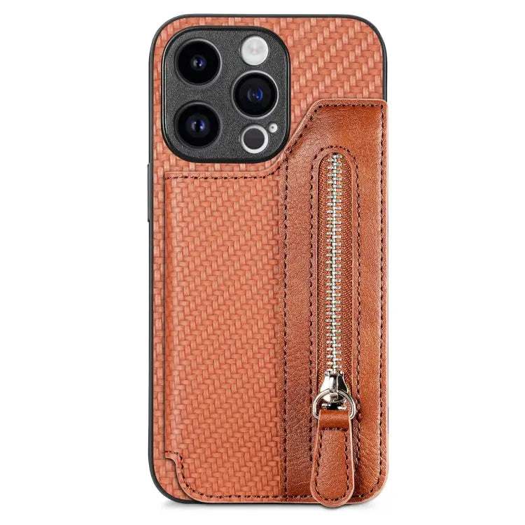Carbon Fiber Horizontal Flip Zipper Wallet Phone Case For iPhone 16 For iPhone 15 Pro Max For iPhone 15 Pro For iPhone