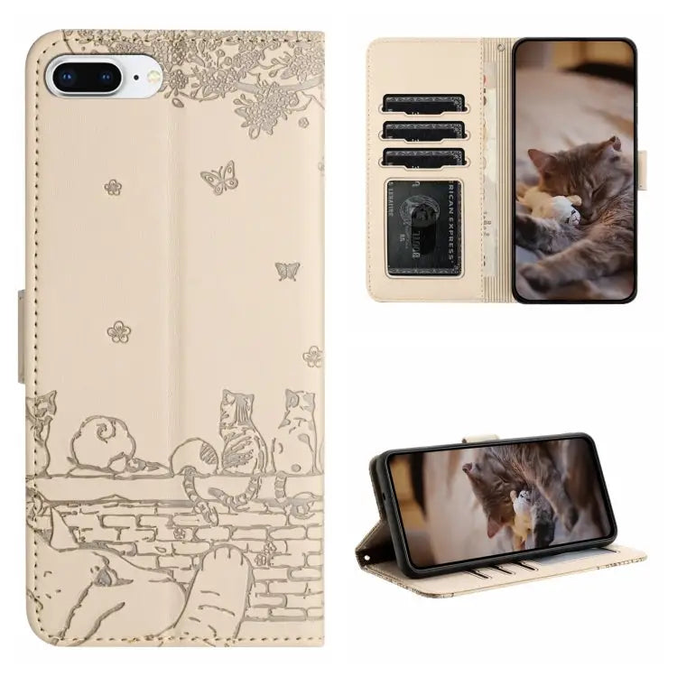 Cat Embossing Pattern Leather Phone Case with Lanyard - For iPhone 7 Plus / 8 Plus / Beige