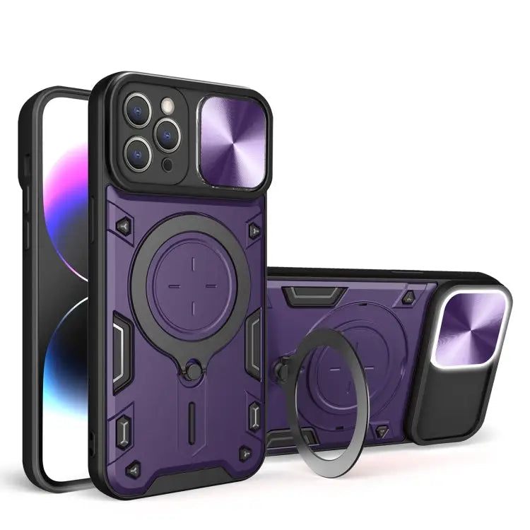CD Texture Sliding Camshield Magnetic Holder Phone Case - For iPhone 11 Pro Max / Purple