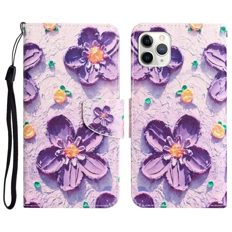 Colored Drawing Leather Phone Case For iPhone 11 Pro - For iPhone 11 Pro / Purple Flower - Apple Accessories