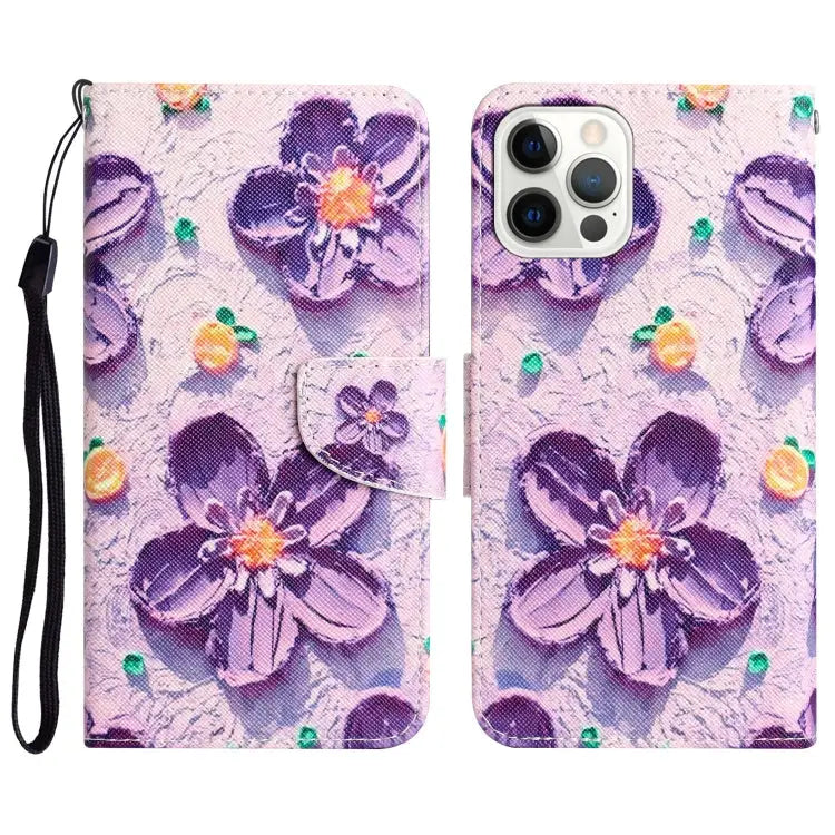 Colored Drawing Leather Phone Case For iPhone 12 / 12 Pro - For iPhone 12 / 12 Pro / Purple Flower - Apple Accessories