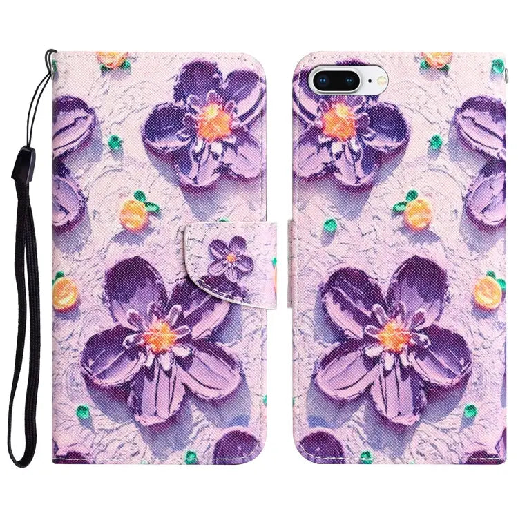 Colored Drawing Leather Phone Case For iPhone 7 Plus / 8 Plus - For iPhone 7 Plus / 8 Plus / Purple Flower - Apple