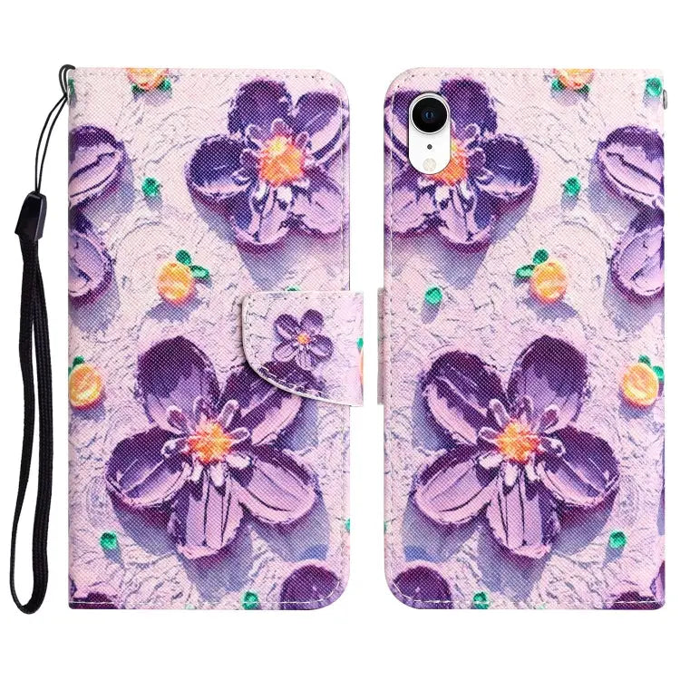 Colored Drawing Leather Phone Case For iPhone XR - For iPhone XR / Purple Flower - Apple Accessories