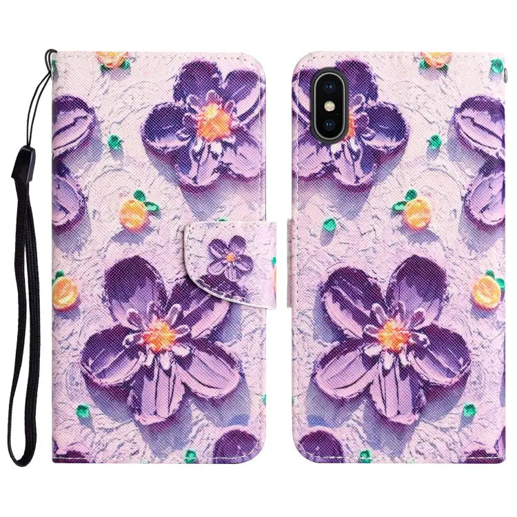 Colored Drawing Leather Phone Case For iPhone XS Max - For iPhone XS Max / Purple Flower - Apple Accessories