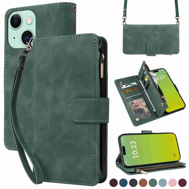 Crossbody Multi-card Slot Wallet Zipper Leather Phone Case For iPhone 15 Plus For iPhone 15 - For iPhone 15 / Green