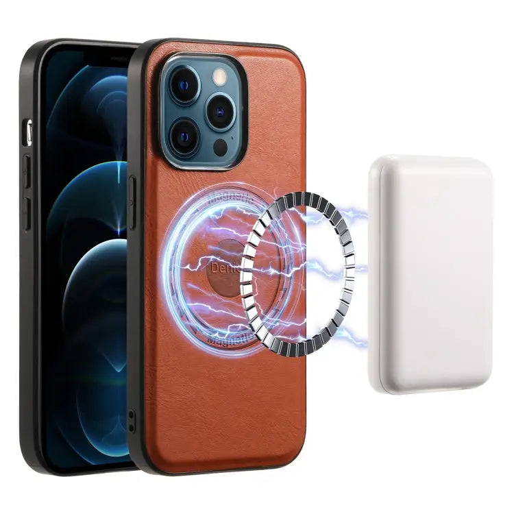 Denior Cowhide Texture Leather MagSafe Phone Case For iPhone 13 Pro Max For iPhone 13 Pro For iPhone 12/12 Pro