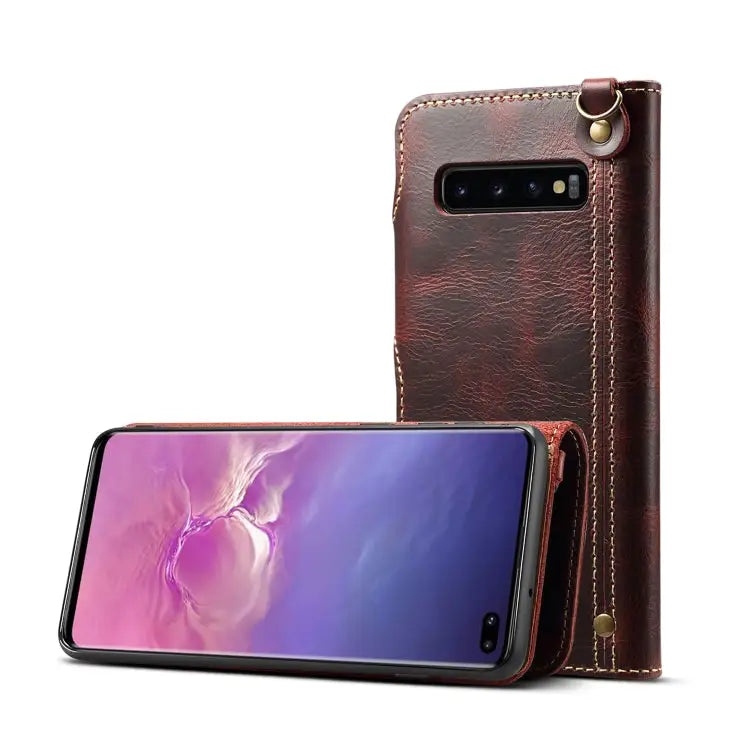 Denior Oil Wax Cowhide Magnetic Button Horizontal Flip Leather Case with Card Slots & Wallet For Galaxy Note9