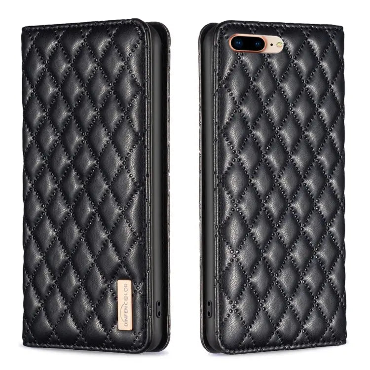 Diamond Lattice Magnetic Leather Flip Phone Case For iPhone 8 Plus / 7 Plus - For iPhone 8 Plus / 7 Plus / Black