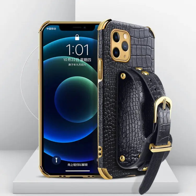 Electroplated TPU Crocodile Pattern Leather Case with Wrist Strap For iPhone XR For iPhone XS Max For iPhone 11