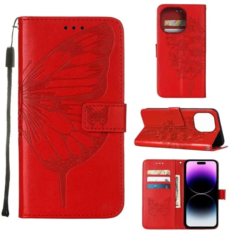 Embossed Butterfly Leather Phone Case For iPhone 14 For iPhone 14 Plus For iPhone 14 Pro - For iPhone 14 Pro / Red