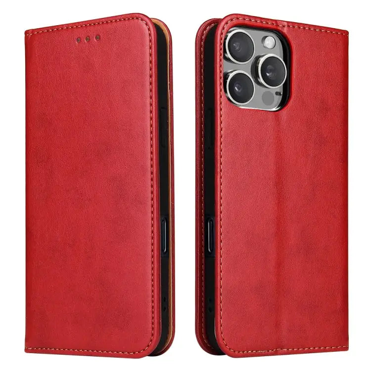 Fierre Shann PU Genuine Leather Texture Phone Case - For iPhone 16 Pro Max / Red - Apple Accessories